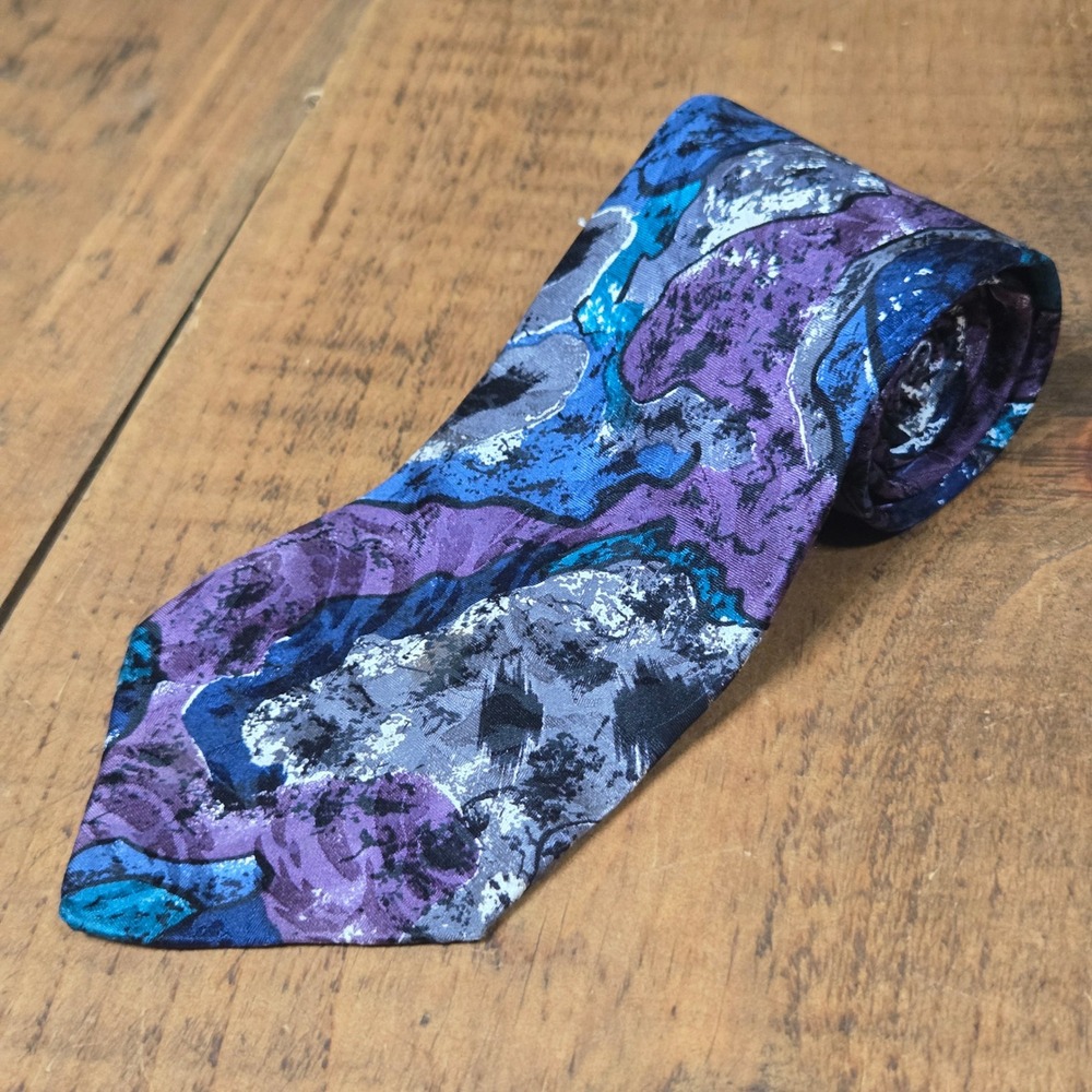 Vtg Bachrach Men Silk Tie Made Italy Abstract Geometric Purple Blue Grey Retro